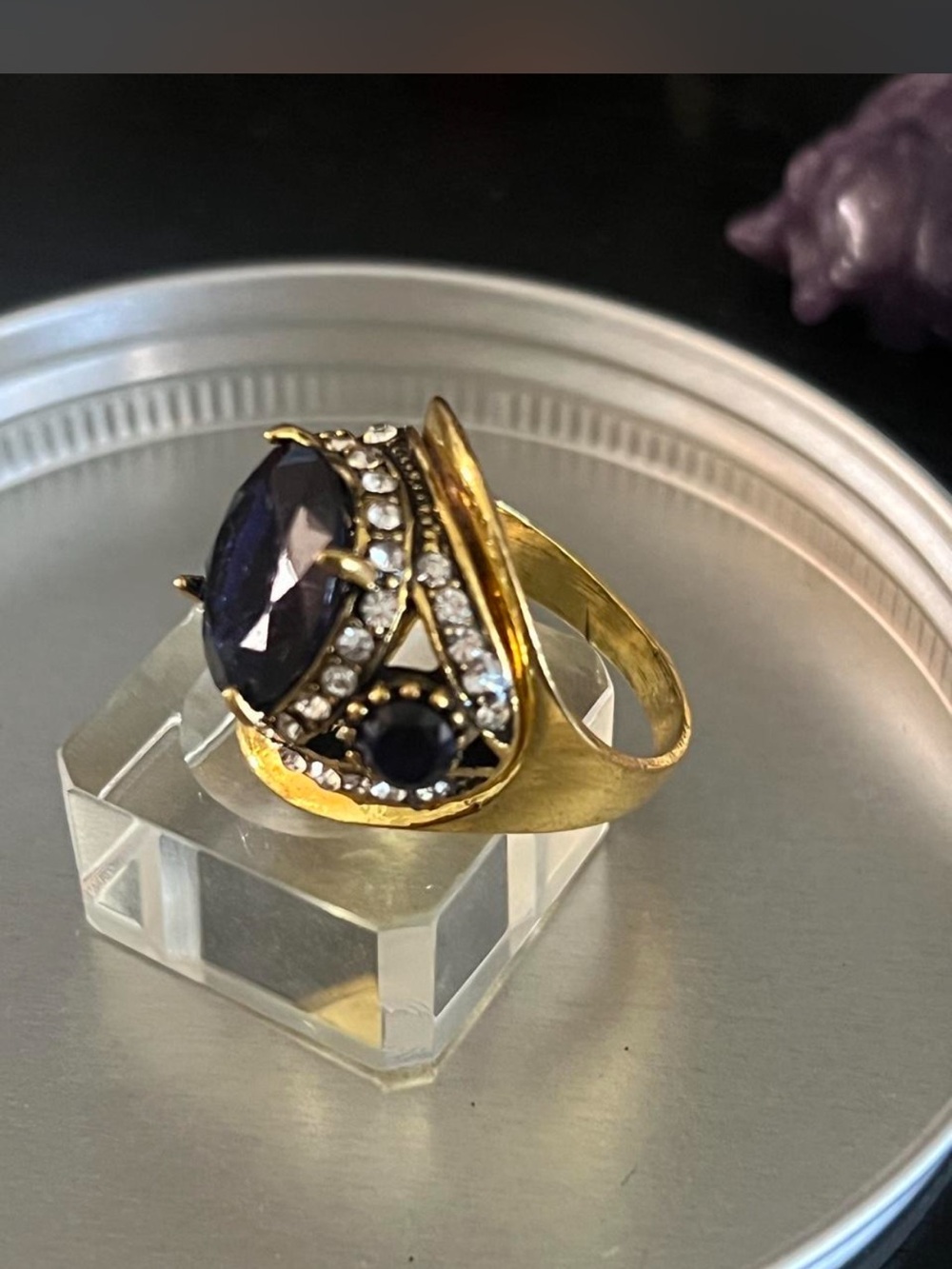 Gold-Tone Amethyst Cocktail Ring - Deep Purple Statement - Picture 5 of 8